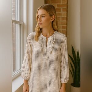 J. Crew Ruffle Front Long Sleeve Polka Dot Blouse Off White Black size 00